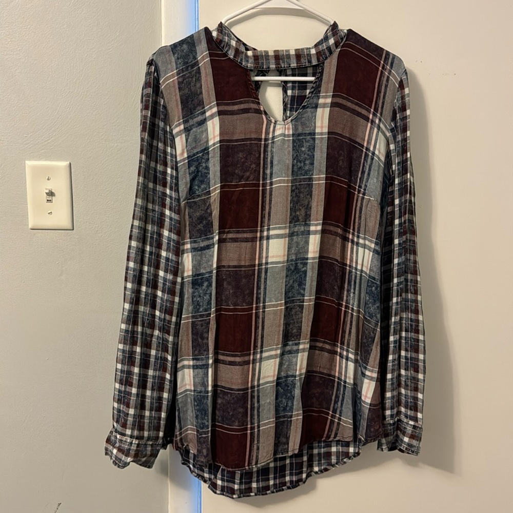 Maurice’s burgundy and blue flannel looking blouse. Really cute with leggings.